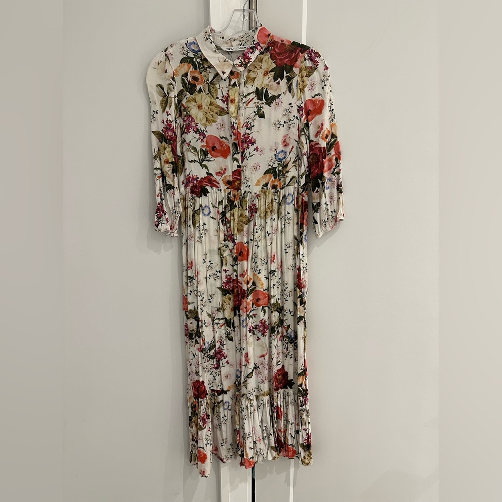 Zara floral midi three quarter sleeve dress